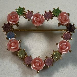 Avon Signed Pink Rose Heart Brooch Pin Multicolor Rhinestones Gold Tone Spring